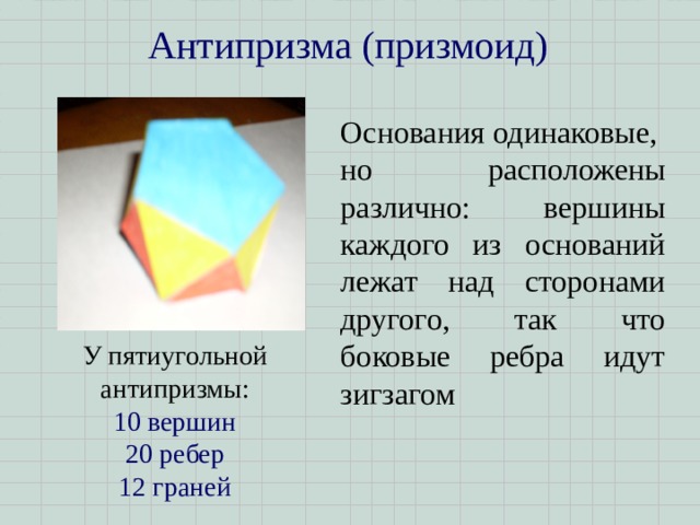 Антипризма (призмоид)   Основания одинаковые, но расположены различно: вершины каждого из оснований лежат над сторонами другого, так что боковые ребра идут зигзагом У пятиугольной антипризмы: 10 вершин 20 ребер 12 граней 