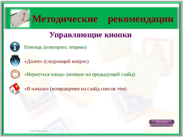 Методические рекомендации Управляющие кнопки Помощь (повторить теорию) «Далее» (следующий вопрос) «Вернуться назад» (возврат на предыдущий слайд) «В начало» (возвращение на слайд список тем)