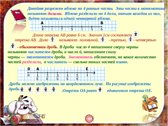 Давайте разрежем яблоко на 4 равные части. Эти части в математике называют долями . Яблоко разделили на 4 доли, значит каждая из них,  будет называться одной четвертой яблока. Длина отрезка АВ равна 6 см. Значит 1см составляет отрезка АВ. Долю называют половиной, - третью, - четвертью  - обыкновенная дробь . В дроби  число 4 написанное сверху черты называют числителем дроби, а число 6, написанное снизу черты — знаменателем дроби.  Знаменатель обозначает, на какое количество частей разделили , а числитель — сколько таких частей взято . Дроби можно изображать на координатном луче. На рисунке изображены дроби .Отрезок ОА равен   единичного отрезка ОЕ.