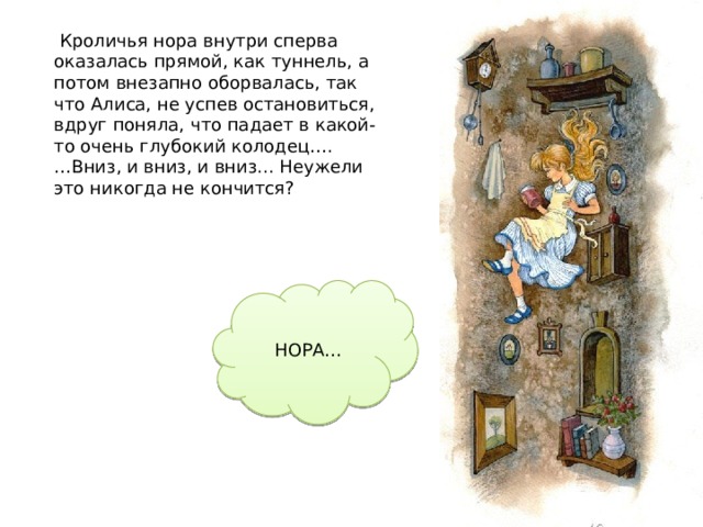  Кроличья нора внутри сперва оказалась прямой, как туннель, а потом внезапно оборвалась, так что Алиса, не успев остановиться, вдруг поняла, что падает в какой-то очень глубокий колодец…. … Вниз, и вниз, и вниз... Неужели это никогда не кончится? НОРА… 