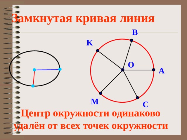 Замкнутая кривая линия B K О A M C Центр окружности одинаково удалён от всех точек окружности 