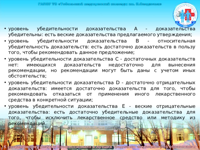 уровень убедительности доказательства А - доказательства убедительны: есть веские доказательства предлагаемого утверждения; уровень убедительности доказательства В - относительная убедительность доказательств: есть достаточно доказательств в пользу того, чтобы рекомендовать данное предложение; уровень убедительности доказательства С - достаточных доказательств нет: имеющихся доказательств недостаточно для вынесения рекомендации, но рекомендации могут быть даны с учетом иных обстоятельств; уровень убедительности доказательства D - достаточно отрицательных доказательств: имеется достаточно доказательств для того, чтобы рекомендовать отказаться от применения иного лекарственного средства в конкретной ситуации; уровень убедительности доказательства Е - веские отрицательные доказательства: есть достаточно убедительные доказательства для того, чтобы исключить лекарственное средство или методику из рекомендаций. 