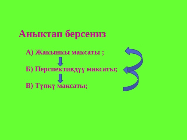 Аныктап берсениз  А) Жакынкы максаты ;  Б) Перспективдүү максаты;  В) Түпкү максаты; 