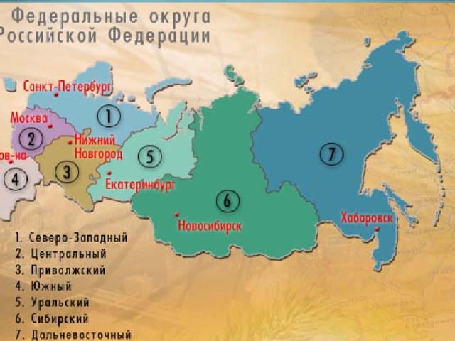Обозначьте границы федеральных округов