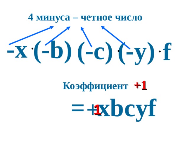 4 минуса – четное число - х (-b) (-c) (- у ) f Коэффициент +1 = х bc у f + 1 