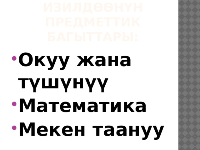 Изилдөөнүн предметтик багыттары: Окуу жана түшүнүү Математика Мекен таануу 