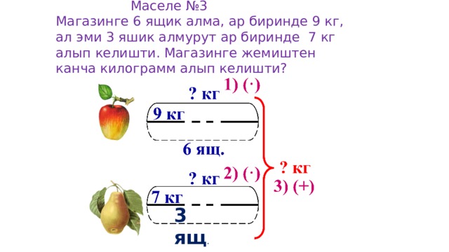  Маселе №3 Магазинге 6 ящик алма, ар биринде 9 кг, ал эми 3 яшик алмурут ар биринде 7 кг алып келишти. Магазинге жемиштен канча килограмм алып келишти? 3 ящ . 