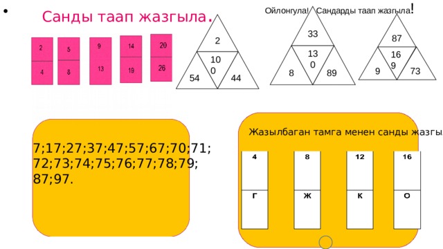 Санды таап жазгыла . Ойлонгула! Сандарды таап жазгыла !  33 87 2 8 89 130 9 73 169 44 100 54 Жазылбаган тамга менен санды жазгыла 7;17;27;37;47;57;67;70;71; 72;73;74;75;76;77;78;79; 87;97. 