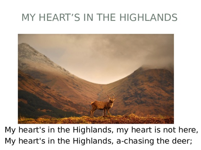 My heart’s in the Highlands My heart's in the Highlands, my heart is not here, My heart's in the Highlands, a-chasing the deer; 