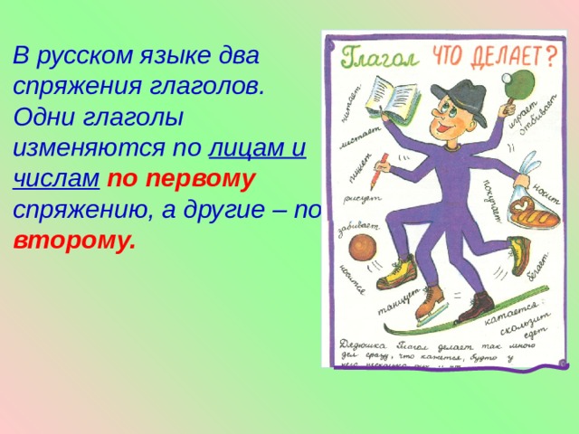 В русском языке два спряжения глаголов. Одни глаголы изменяются по лицам и числам  по первому спряжению, а другие – по второму. 
