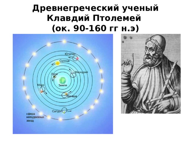  Древнегреческий ученый Клавдий Птолемей  (ок. 90-160 гг н.э)   Создал систему мира, которая господствовала в науке 13-ть веков.  