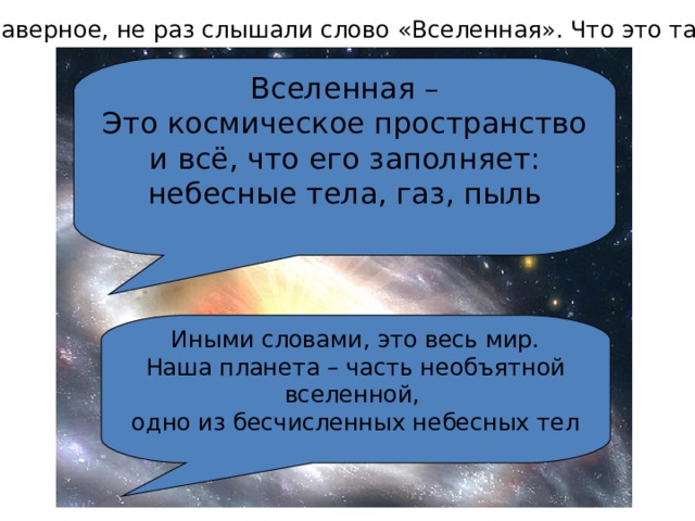 Вы, наверное, не раз слышали слово «Вселенная». Что это такое? Вселенная – Это космическое пространство и всё, что его заполняет: небесные тела, газ, пыль Иными словами, это весь мир. Наша планета – часть необъятной вселенной, одно из бесчисленных небесных тел  