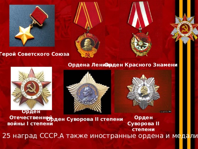 Герой Советского Союза Ордена Ленина Орден Красного Знамени Орден Отечественной войны I степени Орден Суворова II степени Орден Суворова II степени Более 25 наград СССР.А также иностранные ордена и медали. 