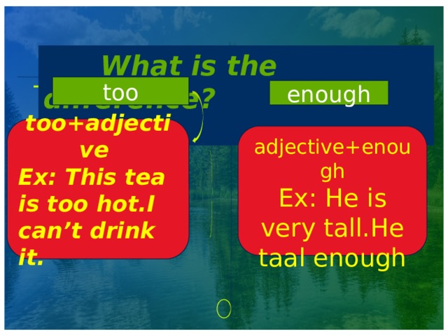  What is the difference? too enough too+adjective Ex: This tea is too hot.I can’t drink it. adjective+enough Ex: He is very tall.He taal enough 