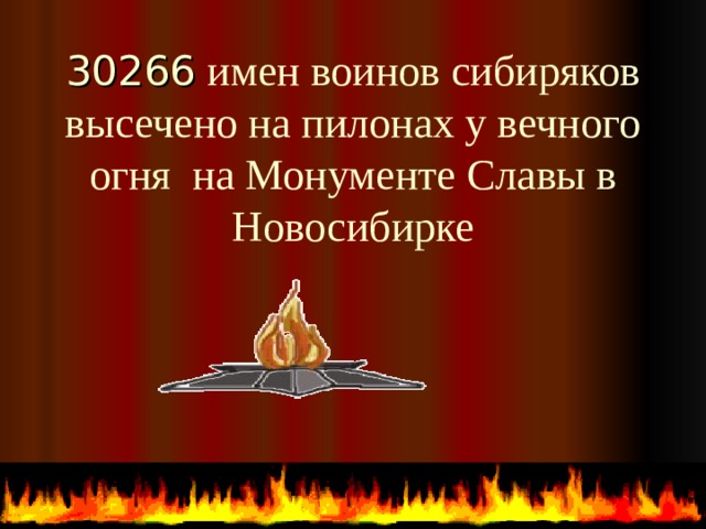 30266 имен воинов сибиряков высечено на пилонах у вечного огня на Монументе Славы в Новосибирке  