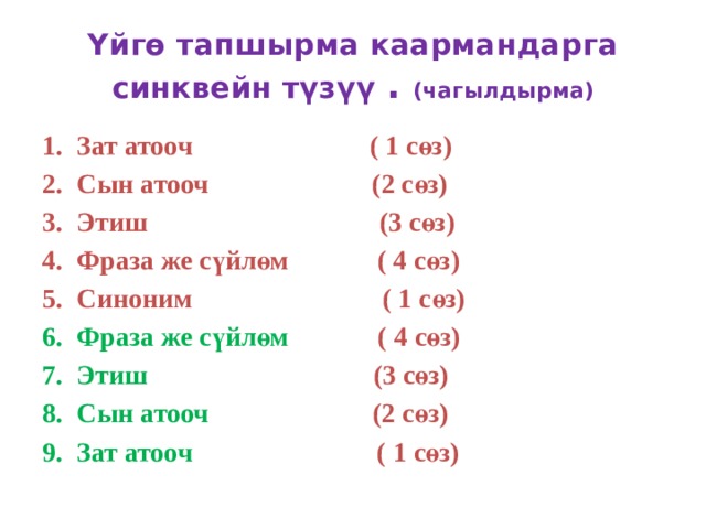 Үйгө тапшырма каармандарга синквейн түзүү . (чагылдырма) Зат атооч ( 1 сөз) Сын атооч (2 сөз) Этиш (3 сөз) Фраза же сүйлөм ( 4 сөз) Синоним ( 1 сөз) Фраза же сүйлөм ( 4 сөз) Этиш (3 сөз) Сын атооч (2 сөз) Зат атооч ( 1 сөз) 