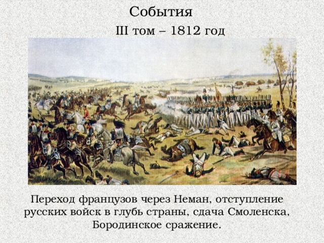 События III том – 1812 год Переход французов через Неман, отступление русских войск в глубь страны, сдача Смоленска, Бородинское сражение. 