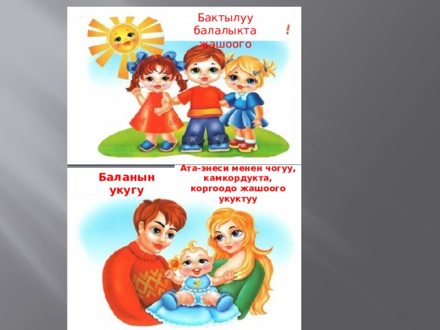Бактылуу балалыкта жашоого  Ата-энеси менен чогуу, камкордукта, коргоодо жашоого укуктуу Баланын укугу 