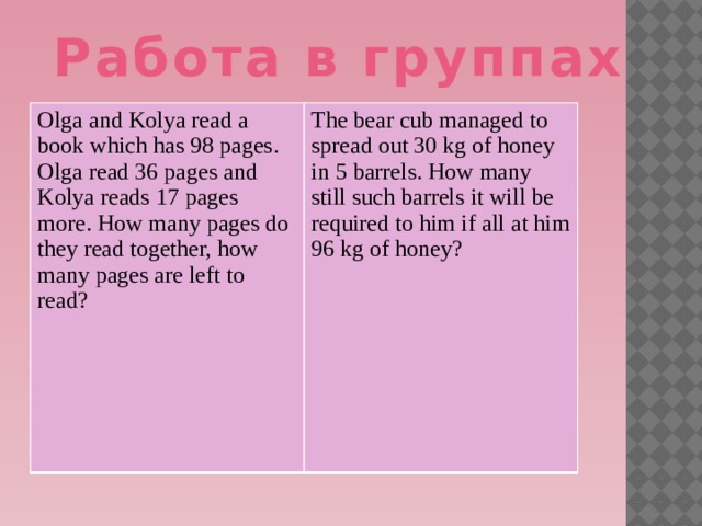 Работа в группах Olga and Kolya read a book which has 98 pages. Olga read 36 pages and Kolya reads 17 pages more. How many pages do they read together, how many pages are left to read? The bear cub managed to spread out 30 kg of honey in 5 barrels. How many still such barrels it will be required to him if all at him 96 kg of honey?  Р  