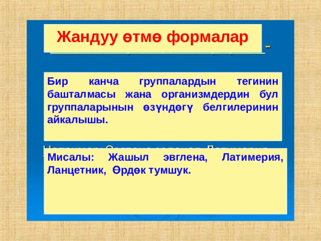 Жандуу өтмө формалар Бир канча группалардын тегинин башталмасы жана организмдердин бул группаларынын өзүндөгү белгилеринин айкалышы. Мисалы: Жашыл эвглена, Латимерия, Ланцетник, Өрдөк тумшук. 