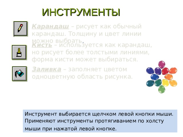 ИНСТРУМЕНТЫ Карандаш – рисует как обычный карандаш. Толщину и цвет линии можно выбрать . Кисть – используется как карандаш, но рисует более толстыми линиями, форма кисти может выбираться. Заливка – заполняет цветом одноцветную область рисунка. Инструмент выбирается щелчком левой кнопки мыши. Применяют инструменты протягиванием по холсту мыши при нажатой левой кнопке.  