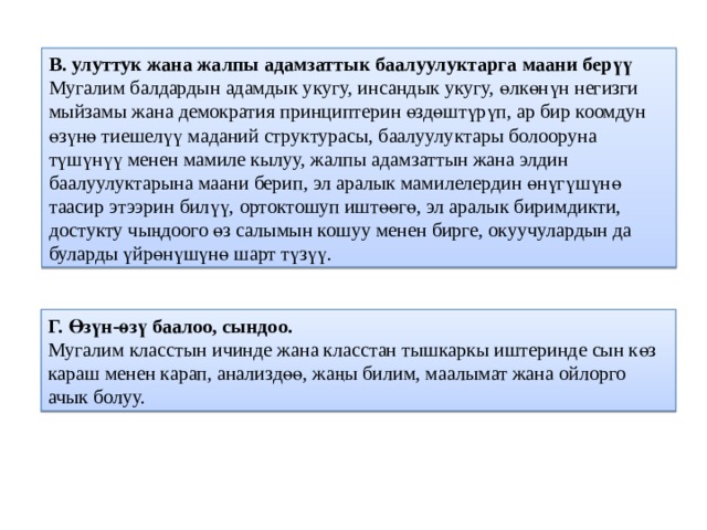 В. улуттук жана жалпы адамзаттык баалуулуктарга маани берүү  Мугалим балдардын адамдык укугу, инсандык укугу, өлкөнүн негизги мыйзамы жана демократия принциптерин өздөштүрүп, ар бир коомдун өзүнө тиешелүү маданий структурасы, баалуулуктары болооруна түшүнүү менен мамиле кылуу, жалпы адамзаттын жана элдин баалуулуктарына маани берип, эл аралык мамилелердин өнүгүшүнө таасир этээрин билүү, ортоктошуп иштөөгө, эл аралык биримдикти, достукту чыңдоого өз салымын кошуу менен бирге, окуучулардын да буларды үйрөнүшүнө шарт түзүү. Г. Өзүн-өзү баалоо, сындоо.  Мугалим класстын ичинде жана класстан тышкаркы иштеринде сын көз караш менен карап, анализдөө, жаңы билим, маалымат жана ойлорго ачык болуу. 