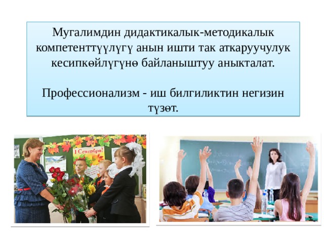 Мугалимдин дидактикалык-методикалык компетенттүүлүгү анын ишти так аткаруучулук кесипкөйлүгүнө байланыштуу аныкталат. Профессионализм - иш билгиликтин негизин түзөт. 