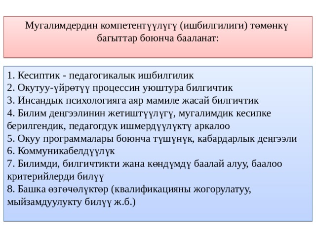 Мугалимдердин компетентүүлүгү (ишбилгилиги) төмөнкү багыттар боюнча бааланат:   1. Кесиптик - педагогикалык ишбилгилик  2. Окутуу-үйрөтүү процессин уюштура билгичтик  3. Инсандык психологияга аяр мамиле жасай билгичтик  4. Билим деңгээлинин жетиштүүлүгү, мугалимдик кесипке берилгендик, педагогдук ишмердүүлүктү аркалоо  5. Окуу программалары боюнча түшүнүк, кабардарлык деңгээли  6. Коммуникабелдүүлүк  7. Билимди, билгичтикти жана көндүмдү баалай алуу, баалоо критерийлерди билүү  8. Башка өзгөчөлүктөр (квалификацияны жогорулатуу, мыйзамдуулукту билүү ж.б.)   
