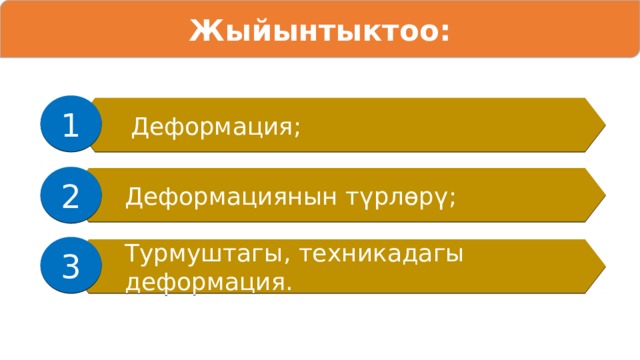 Жыйынтыктоо: 1 Деформация; 2 Деформациянын түрлөрү; 3 Турмуштагы, техникадагы деформация. 