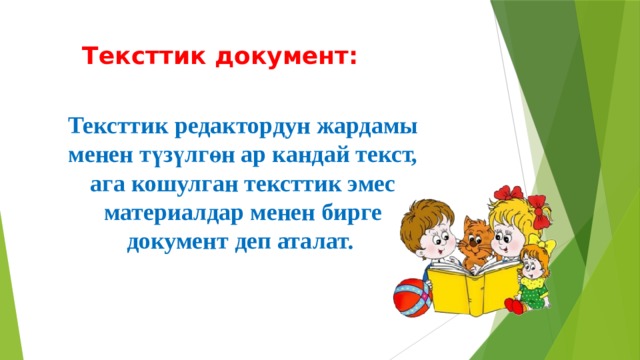 Тексттик документ:   Тексттик редактордун жардамы менен түзүлгөн ар кандай текст, ага кошулган тексттик эмес материалдар менен бирге документ деп аталат. 