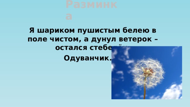 Разминка Я шариком пушистым белею в поле чистом, а дунул ветерок – остался стебелёк.  Одуванчик.  