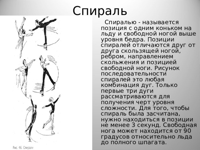 Спираль  Спиралью - называется позиция с одним коньком на льду и свободной ногой выше уровня бедра. Позиции спиралей отличаются друг от друга скользящей ногой, ребром, направлением скольжения и позицией свободной ноги. Рисунок последовательности спиралей это любая комбинация дуг. Только первые три дуги рассматриваются для получения черт уровня сложности. Для того, чтобы спираль была засчитана, нужно находиться в позиции не менее 3 секунд. Свободная нога может находится от 90 градусов относительно льда до полного шпагата. 
