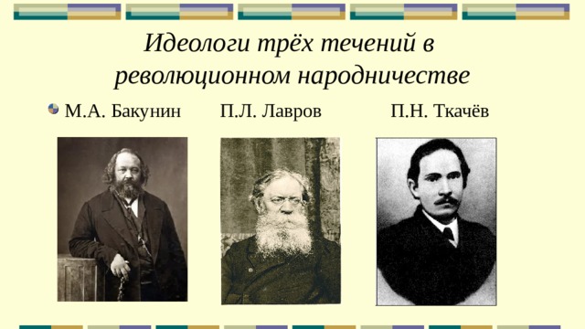 Идеологи трёх течений в  революционном народничестве М.А. Бакунин П.Л. Лавров П.Н. Ткачёв 