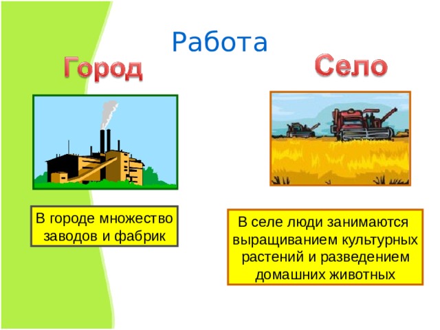 Работа В городе множество заводов и фабрик В селе люди занимаются выращиванием культурных растений и разведением домашних животных 