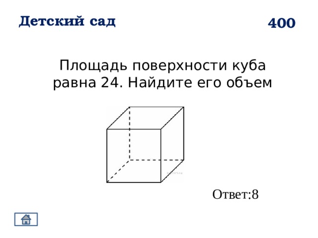 Детский сад 400 Площадь поверхности куба равна 24. Найдите его объем Ответ:8 