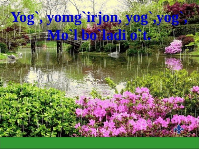 Yog`, yomg`irjon, yog`,yog`, Mo`l bo`ladi o`t. 