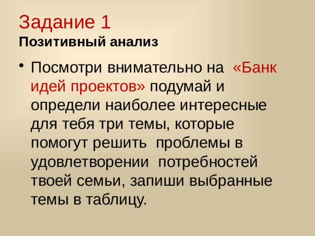 Задание 1  Позитивный анализ Посмотри внимательно на  «Банк идей проектов» подумай и определи наиболее интересные для тебя три темы, которые помогут решить проблемы в удовлетворении потребностей твоей семьи, запиши выбранные темы в таблицу. 