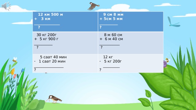  12 км 500 м  + 3 км  ______________  ?  9 см 8 мм  30 кг 200г  8 м 60 см + 5см 5 мм + 5 кг 900 г  5 саат 40 мин  12 кг 1 саат 20 мин + 6 м 40 см __________ __________  ? ___________ ? ________________ 5 кг 200г  ? ?  _________ ? 