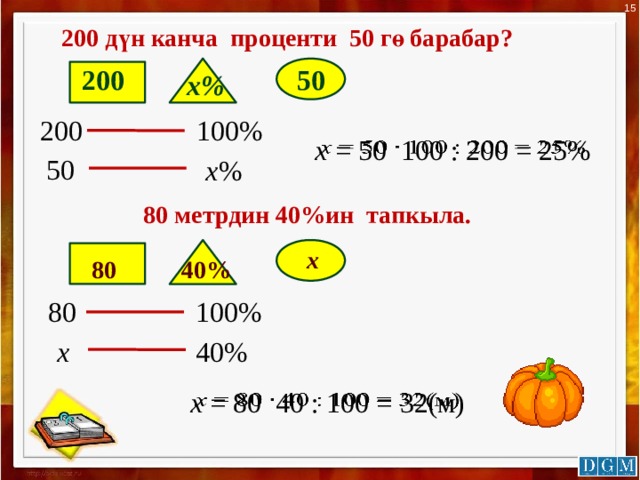 15 200 дүн канча проценти 50 гө барабар? 200 50 х% 100% 200 х = 50 100 : 200 = 25%   50 х % 80 метрдин 40%ин тапкыла. х 80 40% 80 100% х 40% х = 80 40 : 100 = 32(м)   