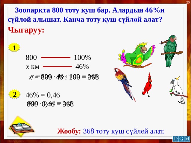 20 Зоопаркта 800 тоту куш бар. Алардын 46%и сүйлөй алышат. Канча тоту куш сүйлөй алат? Чыгаруу: 1 800 100% х км 46% х = 800 46 : 100 = 368   2 46% = 0,46 800 0,46 = 368    Жообу:  368 тоту куш сүйлөй алат. 