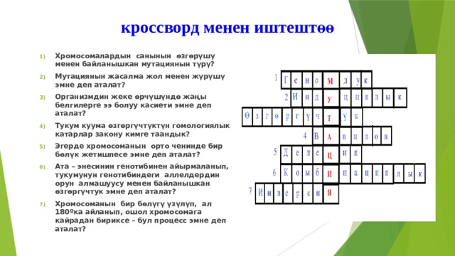 кроссворд менен иштештөө Хромосомалардын санынын өзгөрүшү менен байланышкан мутациянын түрү? Мутациянын жасалма жол менен жүрүшү эмне деп аталат? Организмдин жеке өрчүшүндө жаңы белгилерге ээ болуу касиети эмне деп аталат? Тукум куума өзгөргүчтүктүн гомологиялык катарлар закону кимге таандык? Эгерде хромосоманын орто ченинде бир бөлүк жетишпесе эмне деп аталат? Ата – энесинин генотибинен айырмаланып, тукумунун генотибиндеги аллелдердин орун алмашуусу менен байланышкан өзгөргүчтук эмне деп аталат? Хромосоманын бир бөлүгү үзүлүп, ал 180ºка айланып, ошол хромосомага кайрадан бириксе – бул процесс эмне деп аталат? 17 