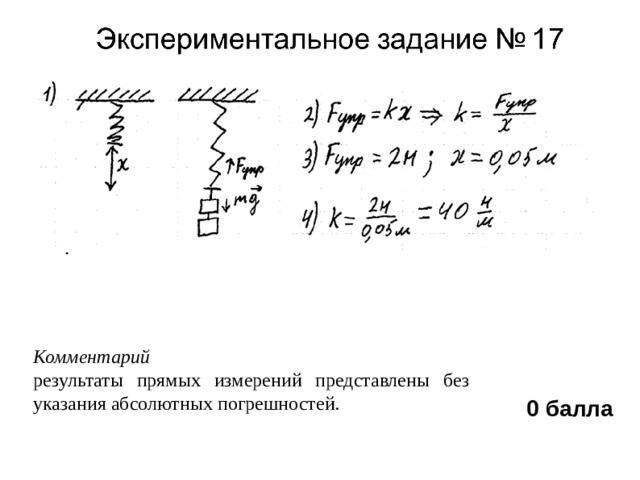 Комментарий результаты прямых измерений представлены без указания абсолютных погрешностей. 0 балла 