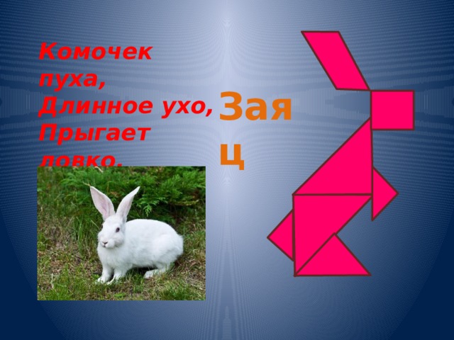 Комочек пуха, Длинное ухо, Прыгает ловко, Любит морковку . Заяц 