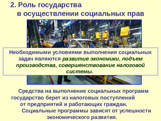 2. Роль государства в осуществлении социальных прав Необходимыми условиями выполнения социальных задач являются развитие экономики , подъем производства , совершенствование налоговой системы .  Средства на выполнение социальных программ государство берет из налоговых поступлений от предприятий и работающих граждан. Социальные программы зависят от успешности экономического развития. 