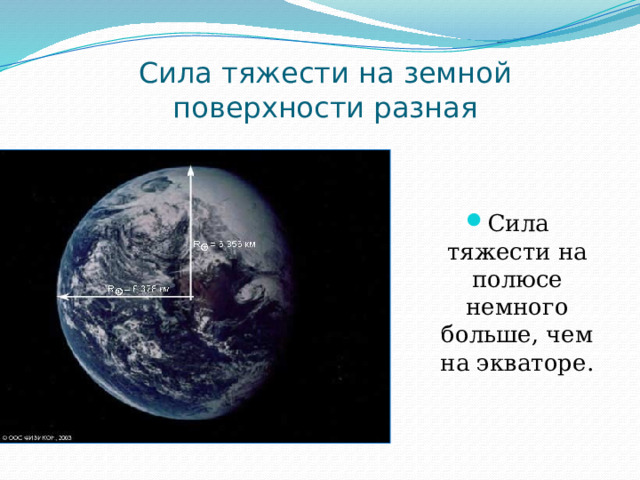 Сила тяжести на земной поверхности разная Сила тяжести на полюсе немного больше, чем на экваторе. 