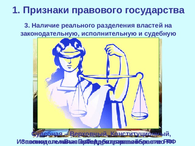 1. Признаки правового государства  3. Наличие реального разделения властей на законодательную, исполнительную и судебную Судебная – Верховный, Конституционный, Высший Арбитражный Законодательная – Федеральное собрание РФ Исполнительная – Президент, правительство РФ 