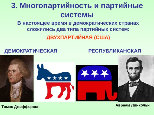3. Многопартийность и партийные системы В настоящее время в демократических странах сложились два типа партийных систем:   ДВУХПАРТИЙНАЯ (США) ДЕМОКРАТИЧЕСКАЯ РЕСПУБЛИКАНСКАЯ Авраам Линкольн  Томас Джефферсон 