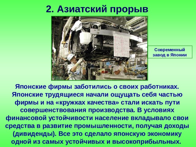 2. Азиатский прорыв Современный завод в Японии Японские фирмы заботились о своих работниках. Японские трудящиеся начали ощущать себя частью фирмы и на «кружках качества» стали искать пути совершенствования производства. В условиях финансовой устойчивости население вкладывало свои средства в развитие промышленности, получая доходы (дивиденды). Все это сделало японскую экономику одной из самых устойчивых и высокоприбыльных. 