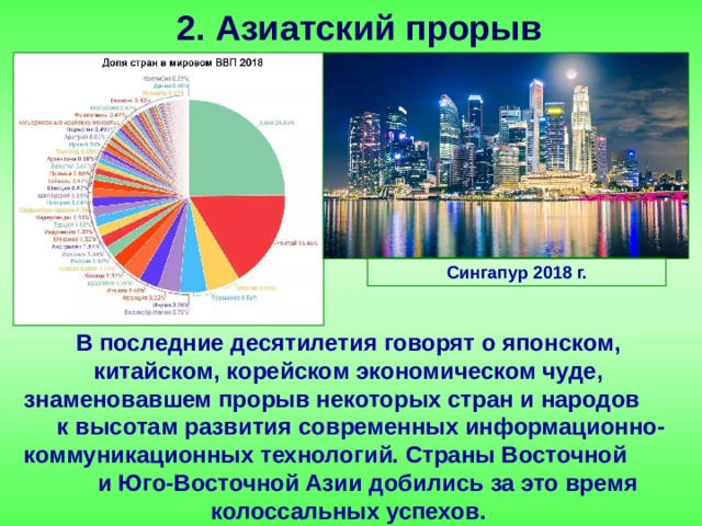 2. Азиатский прорыв Сингапур 2018 г. В последние десятилетия говорят о японском, китайском, корейском экономическом чуде, знаменовавшем прорыв некоторых стран и народов к высотам развития современных информационно-коммуникационных технологий. Страны Восточной и Юго-Восточной Азии добились за это время колоссальных успехов. 