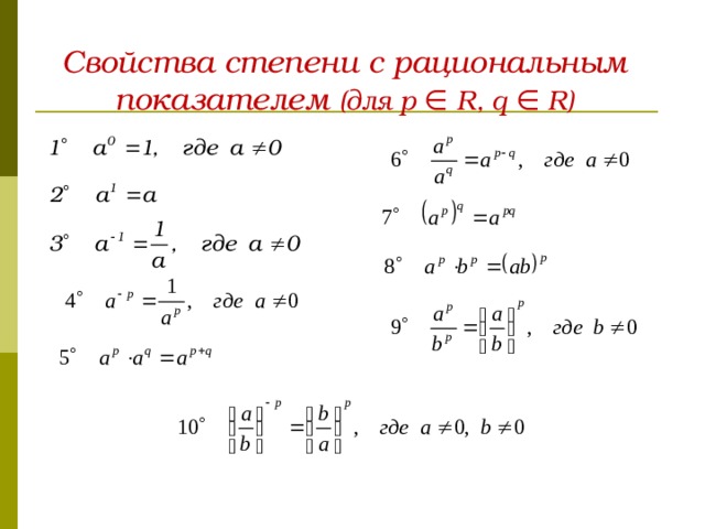    Свойства степени с рациональным показателем (для p ∈ R, q ∈ R)   